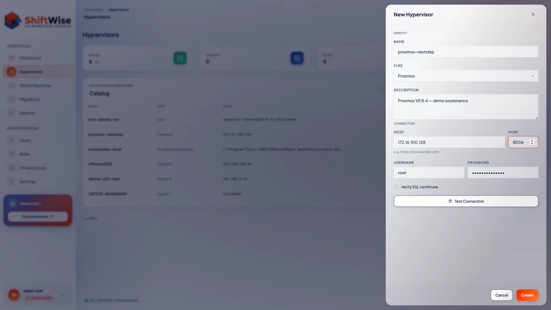 ShiftWise, connecting a hypervisor